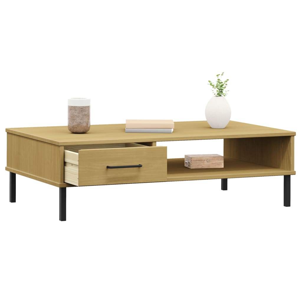 Mesa De Centro Patas De Metal Oslo Madera Maciza Pino Marrón_1