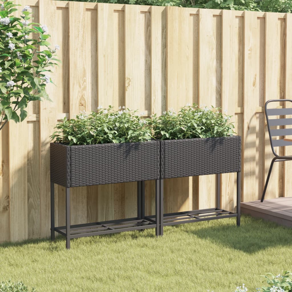 Jardineras Con Estante 2 Uds Ratán Sintético Negro 70x28x70 Cm_2