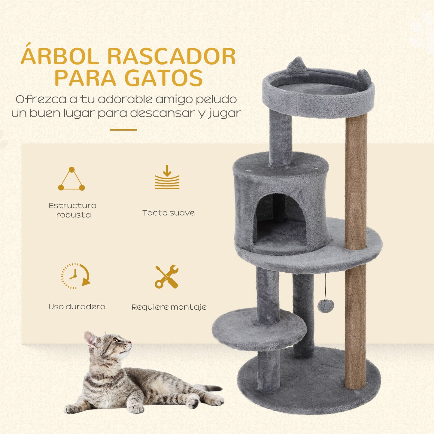 Pawhut Árbol Rascador Para Gatos 104 Cm Con Plataformas Refugio Postes De Sisal_3