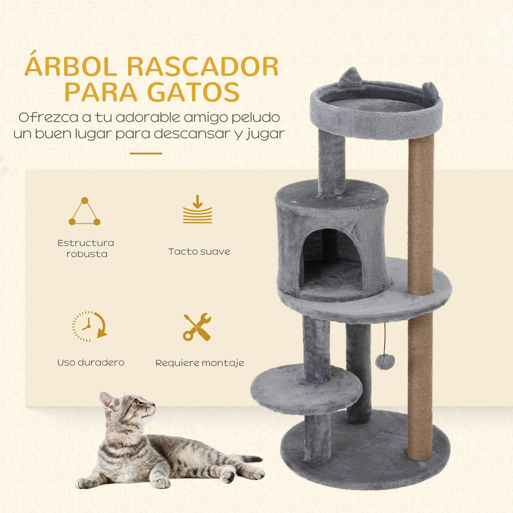 Pawhut Árbol Rascador Para Gatos 104 Cm Con Plataformas Refugio Postes De Sisal_3