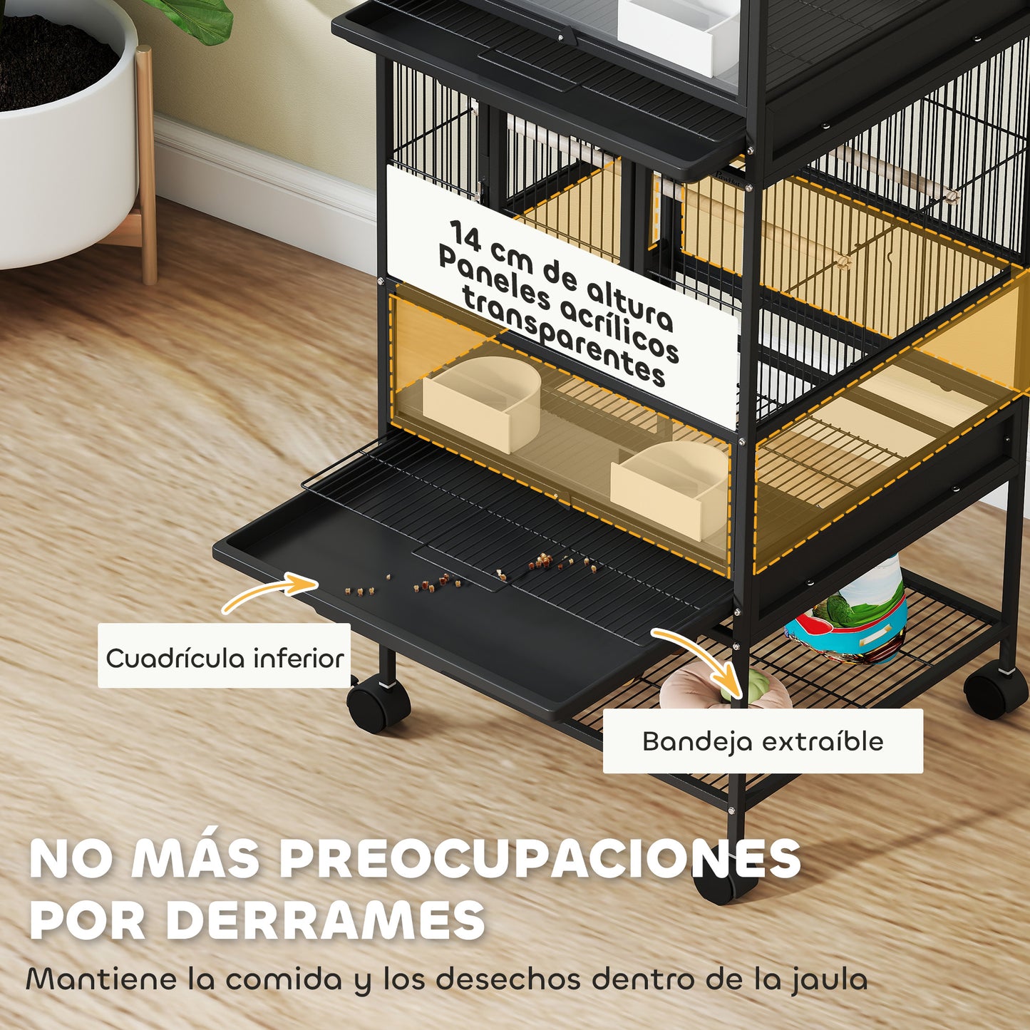 Pawhut Jaula Para Pájaros De 2 Niveles Con Ruedas Paneles Acrílicos Negro_3