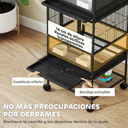 Pawhut Jaula Para Pájaros De 2 Niveles Con Ruedas Paneles Acrílicos Negro_3
