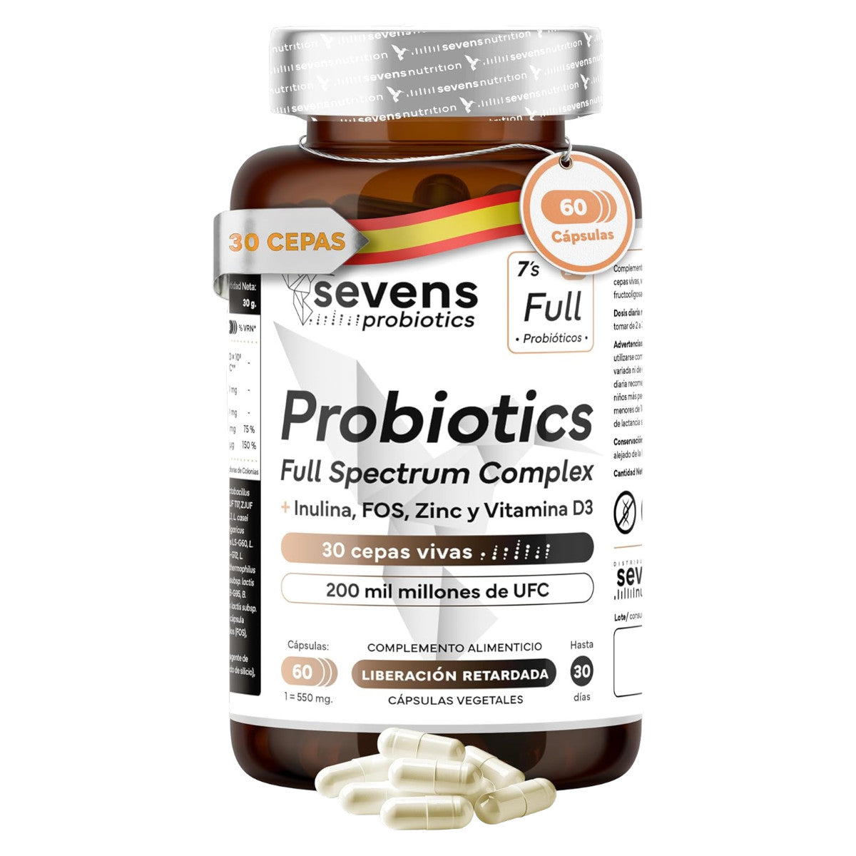 Probiótico Full Spectrum Complex con Inulina FOS Zinc y Vitamina D3 Sevens Nutrition 60 cápsulas