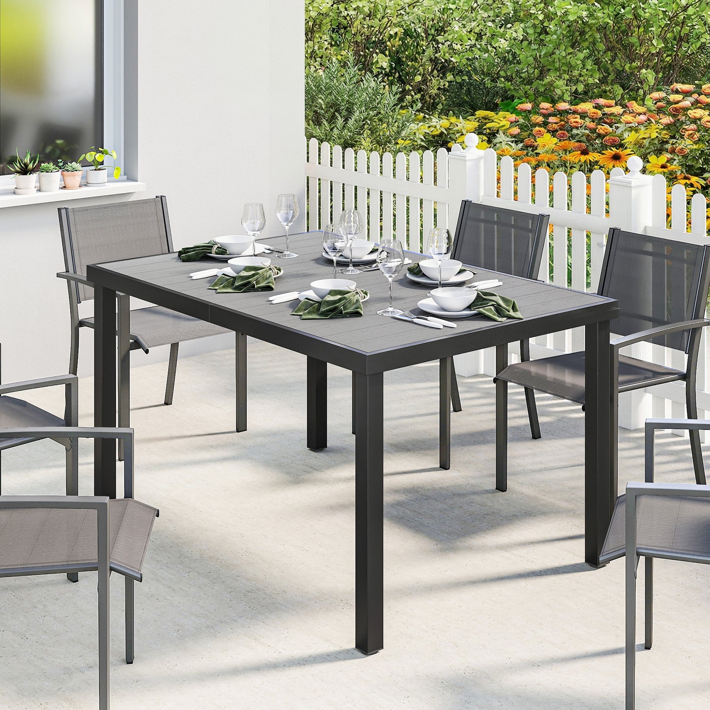 Outsunny Mesa De Comedor De Jardín Rectangular Con Estructura De Acero Gris_1