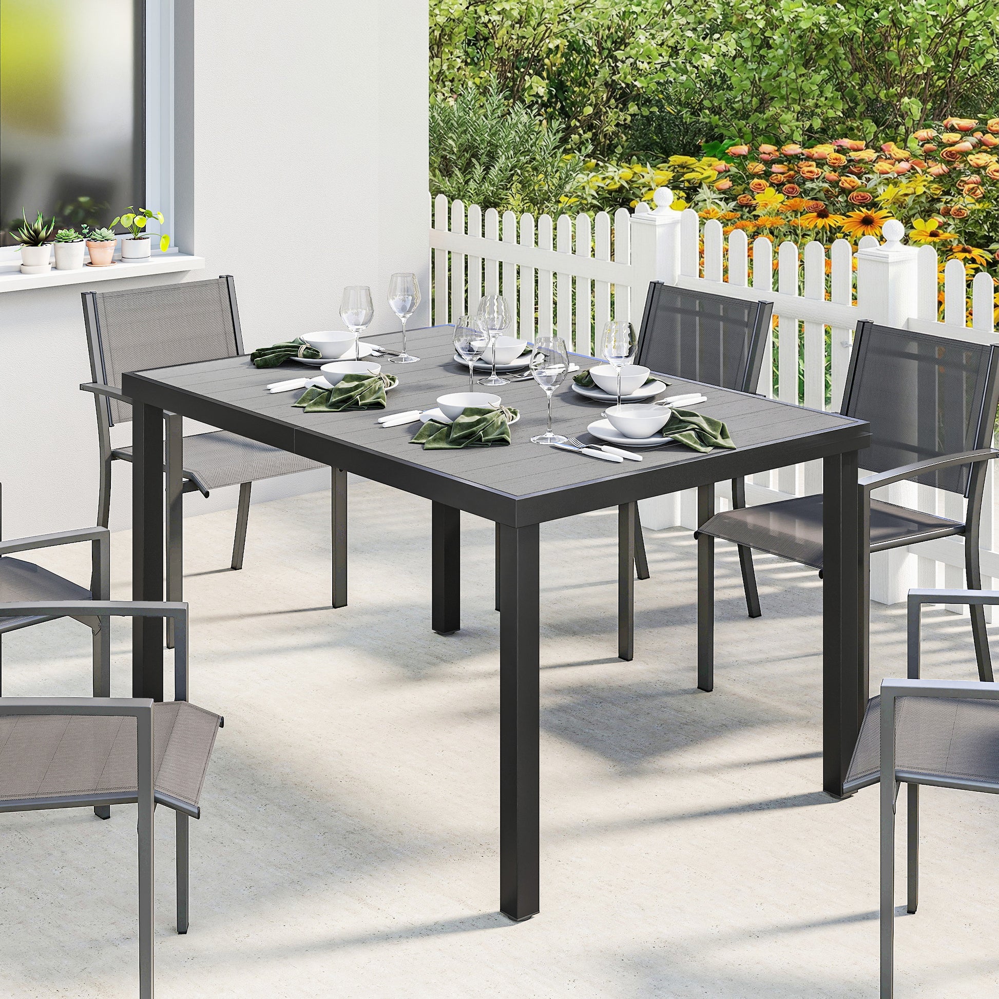 Outsunny Mesa De Comedor De Jardín Rectangular Con Estructura De Acero Gris_1