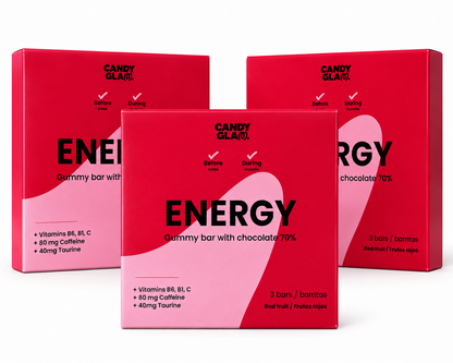 Candyglam Energy | Gummy Bar Energética Vegana Con Chocolate 70% | Cafeína + Taurina + Vitaminas | Pack 9 Barritas_0