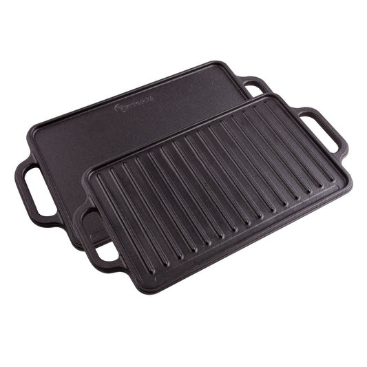 Victoria Plancha Cocina Hierro Fundido Curado Parrilla Reversible 33x21cm Para Fuego Barbacoa Sin Ptfe, 36058, Negro_0
