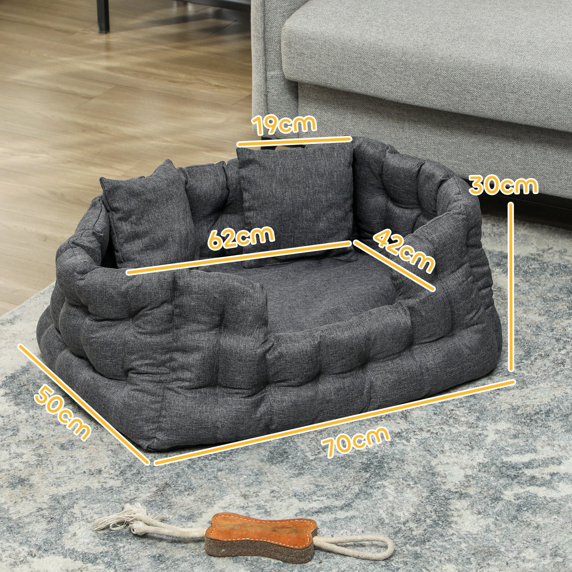 Pawhut Cama Para Perros Pequeños Con 2 Almohadas Antideslizante 70x50x30cm Gris_2
