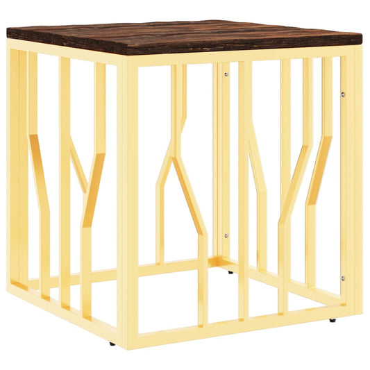 Mesa De Centro Acero Inoxidable Madera Maciza Reciclada Dorada_0