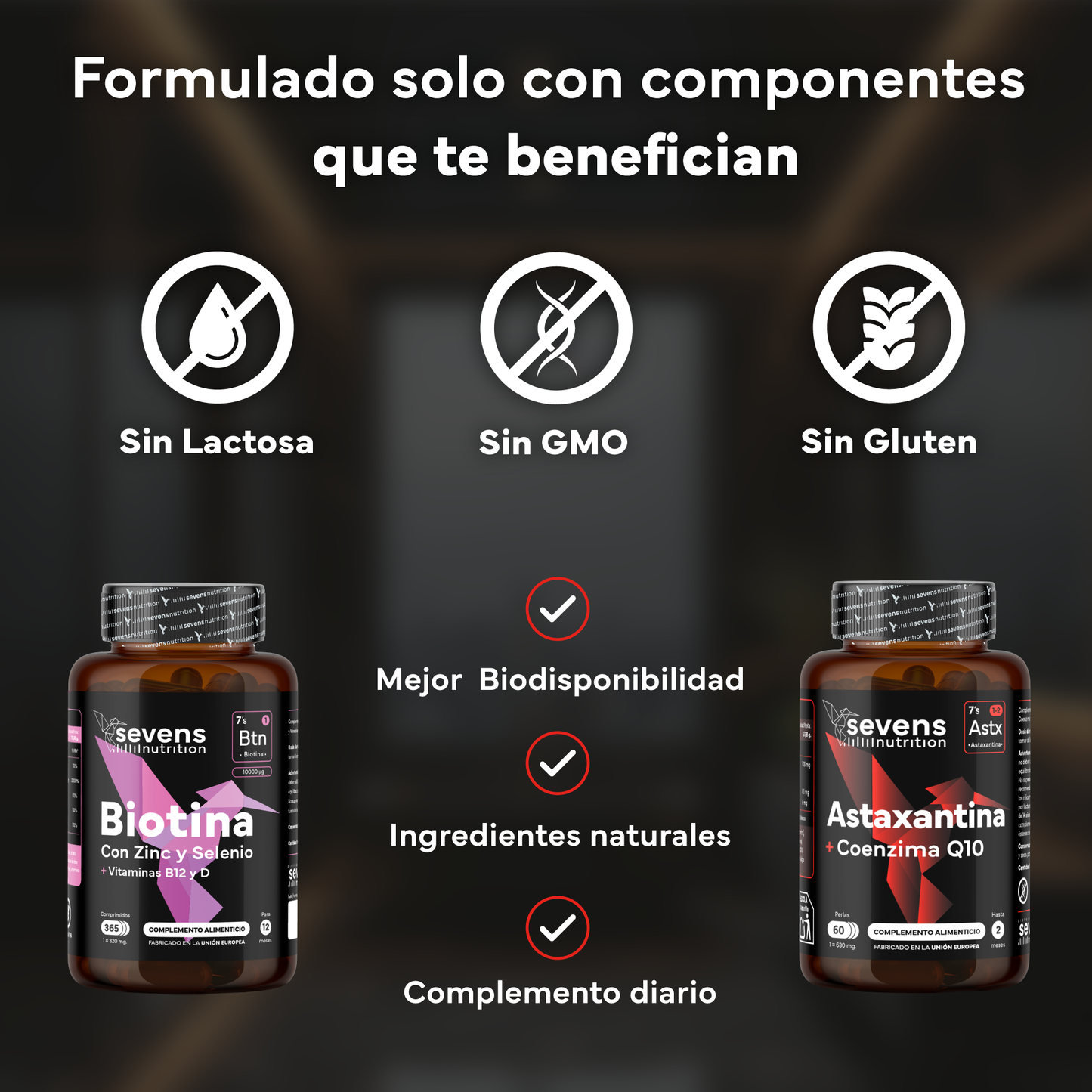 Biotina 10.000mcg Con Zinc, Selenio Y Vitaminas + Astaxantina 8 Mg. Sevens Nutrition. Cabello, Piel, Uñas Y Antioxidante_3