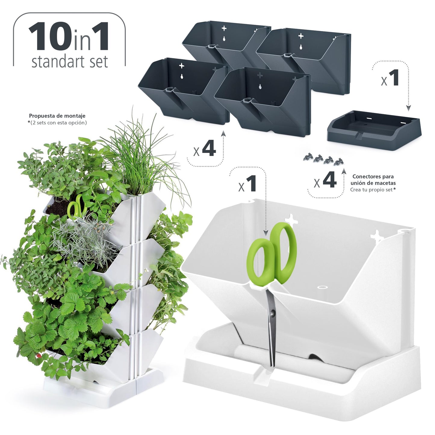 Macetero Vertical Prosperplast Mini Cascade De Plastico En Color Blanco 19,5 (largo) X 11,4 (ancho) X 47,5 (alto) Cm Con Tijeras De Jardin_2