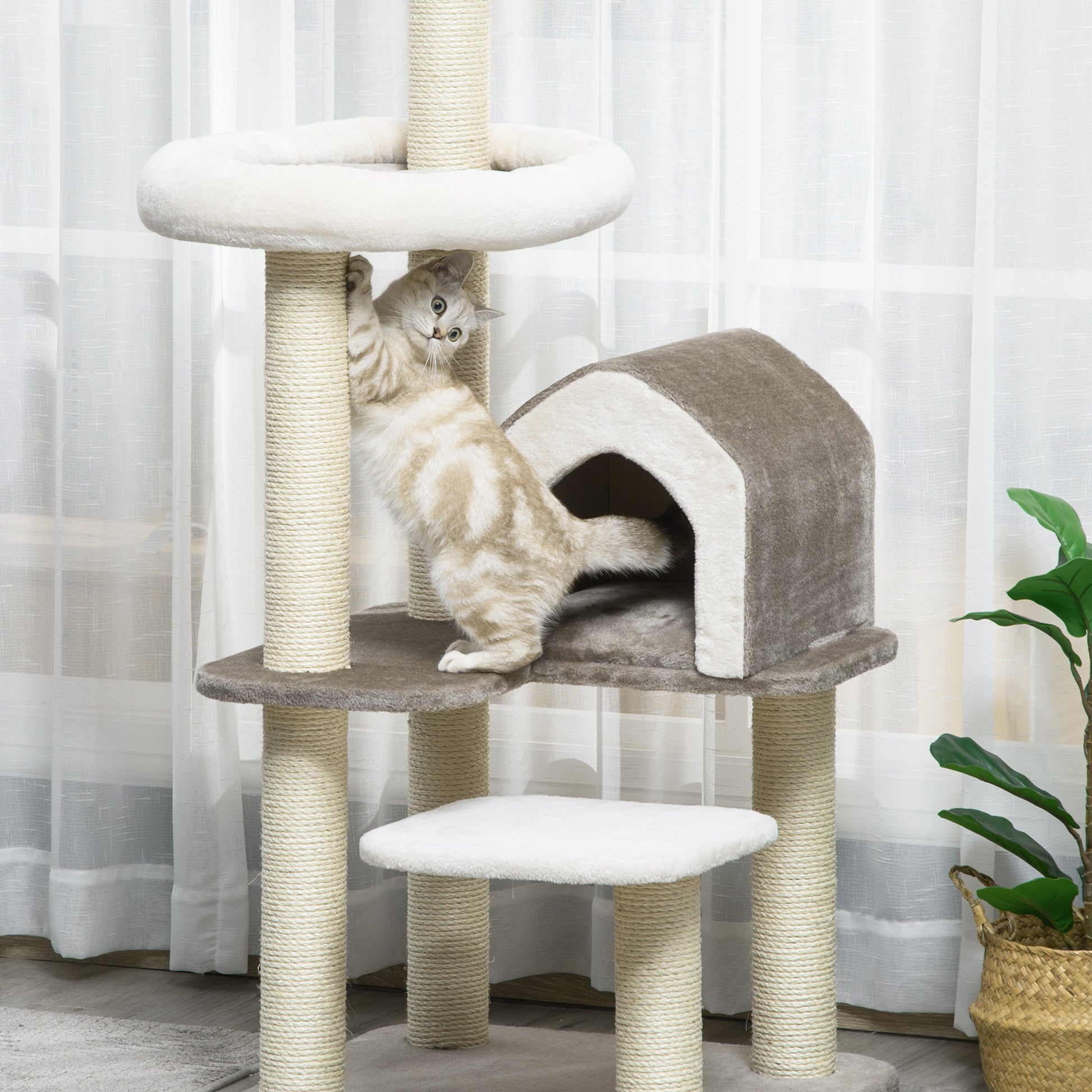 Pawhut Árbol Rascador Para Gatos Altura 149 Cm Con Cueva Cama Y Postes De Sisal_4