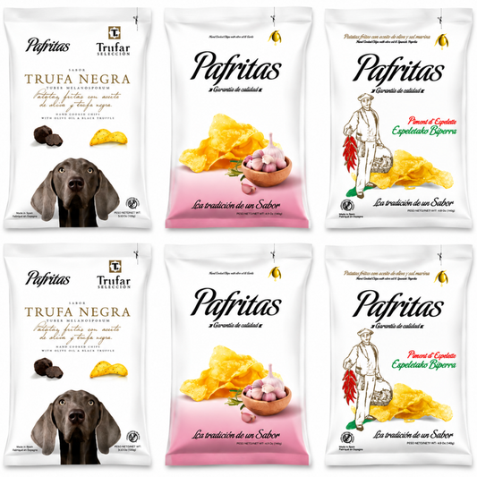 Patatas Fritas Artesanas | Pack 6 Bolsas Patatas Fritas Con Aove | 2x100g Trufa + 2x140g Ajo + 2x140g Pimentón_0