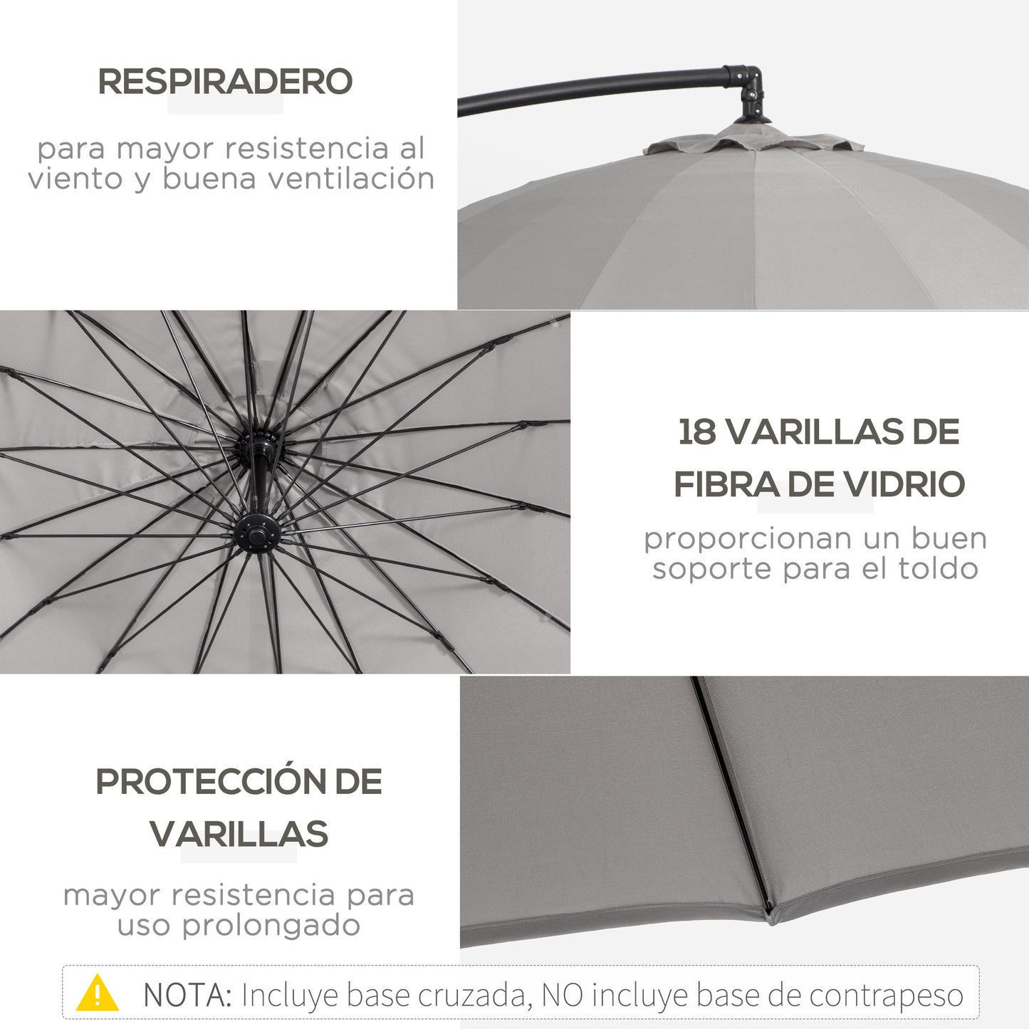 Outsunny Sombrilla Jardín Ø300 Cm Con Manivela Manual Base Cruzada Gris_5