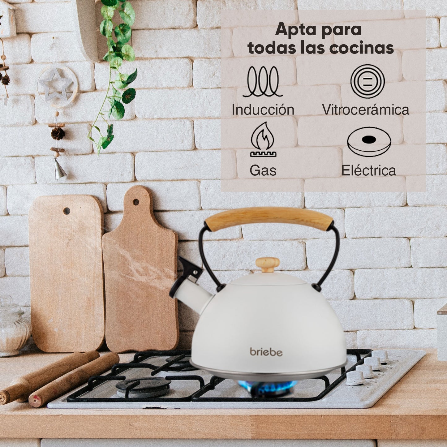 Tetera Con Silbato, Hervidor De Agua 2,5l, Inducción, Acero Inox, Vintage, Mango Madera, Briebe, Nordic, Blanco