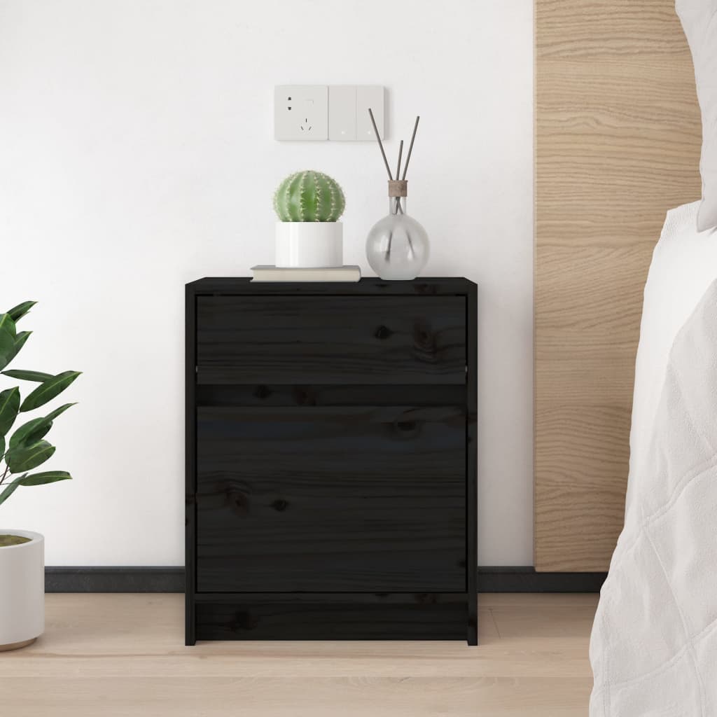 Mesita De Noche Madera Maciza De Pino Negro 40x31x50 Cm_1