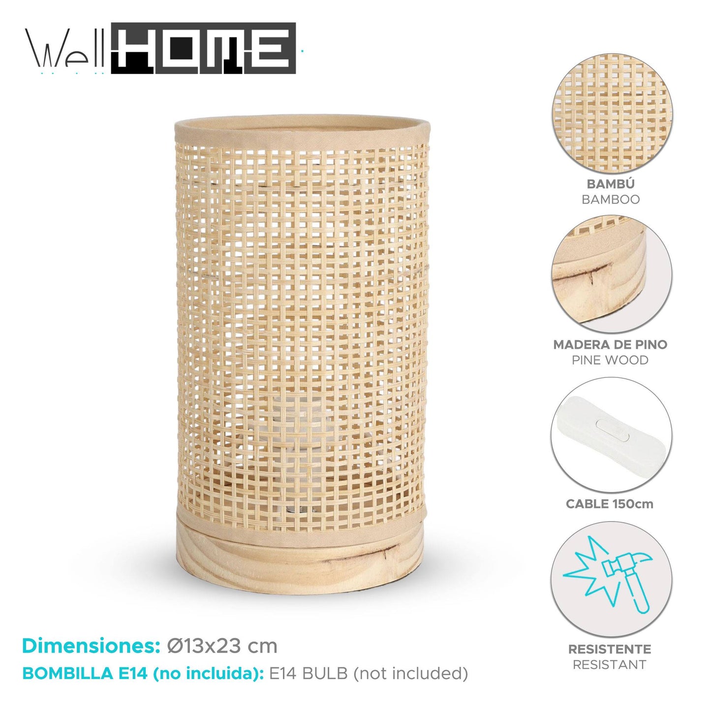 Well Home Lampara De Mesa Con Pantalla De Bambú Ø13x23cm