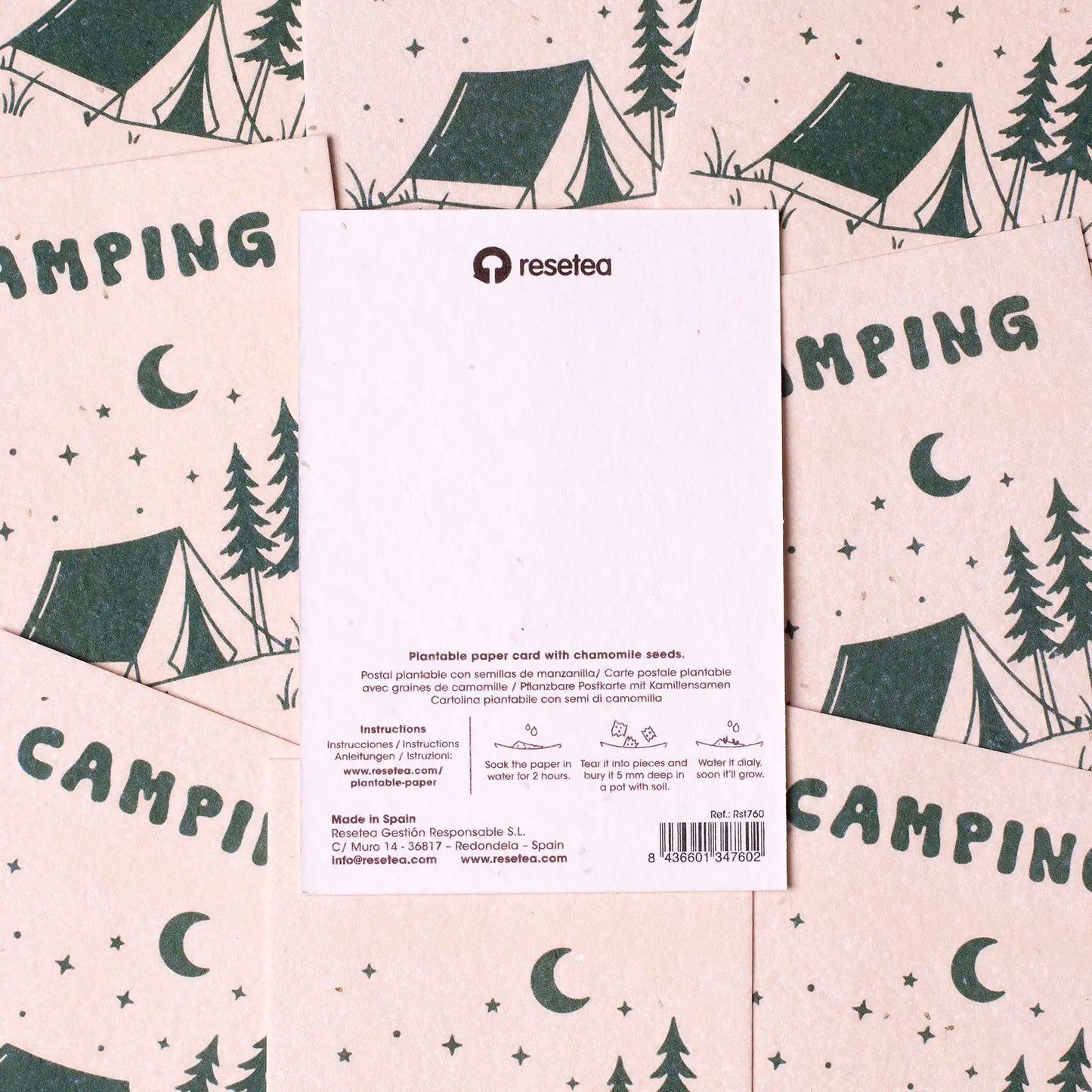 Postal Plantable Camping Semillas de Manzanilla | Papel de Algodón Reciclado | Regalo Original - Resetea_3