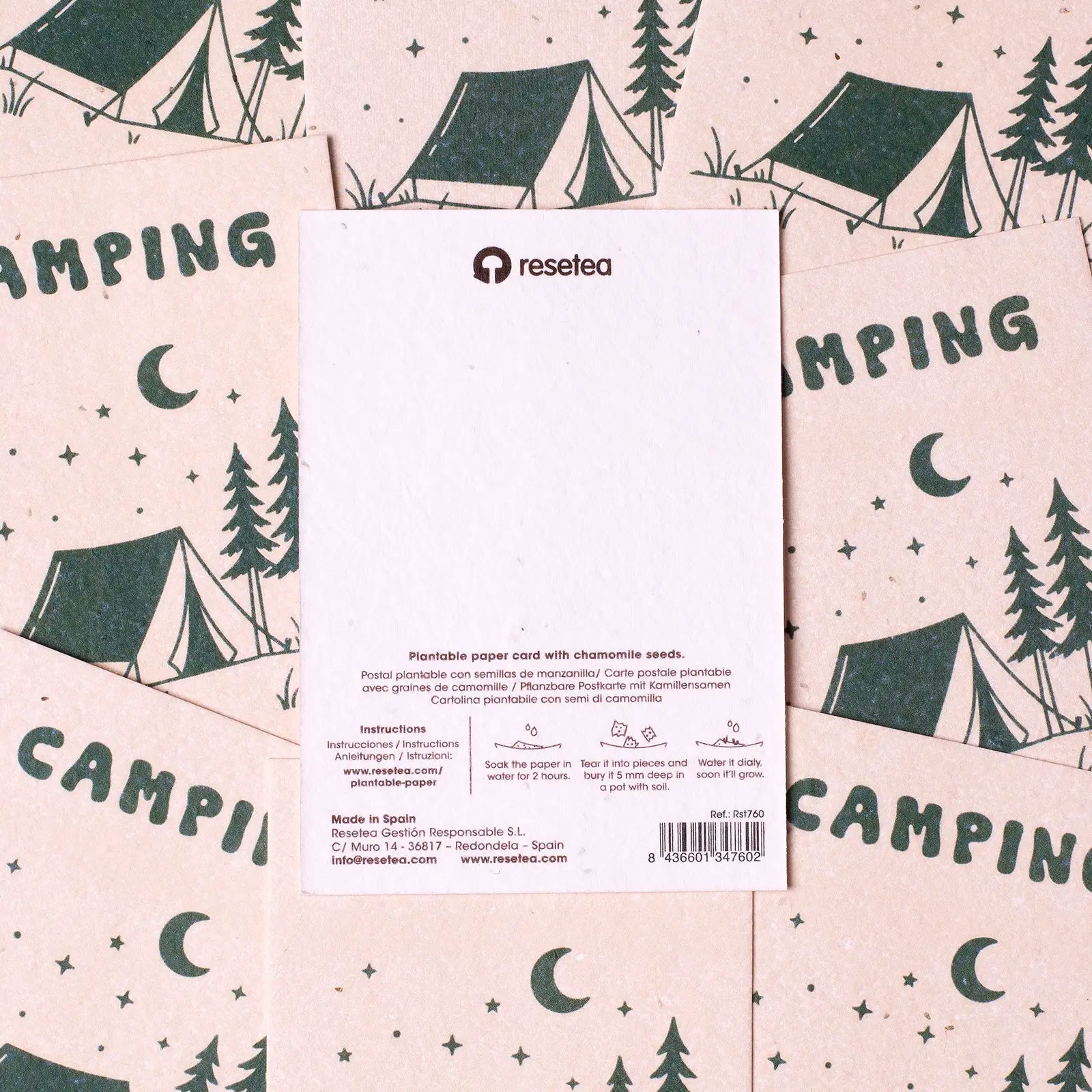 Postal Plantable Camping Semillas de Manzanilla | Papel de Algodón Reciclado | Regalo Original - Resetea_3