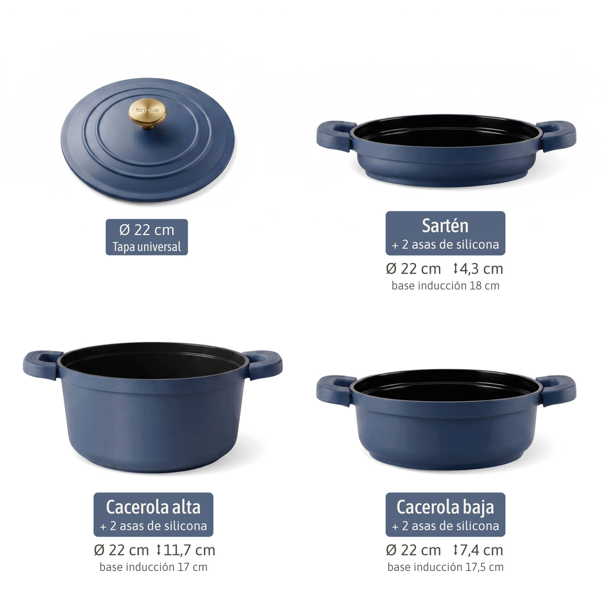 Briebe Totem Batería Cocina Inducción Apilable 4 Piezas Ø 22cm Sartén + 2 Cacerolas + Tapa, Antiadherente Cerámico Sin_3
