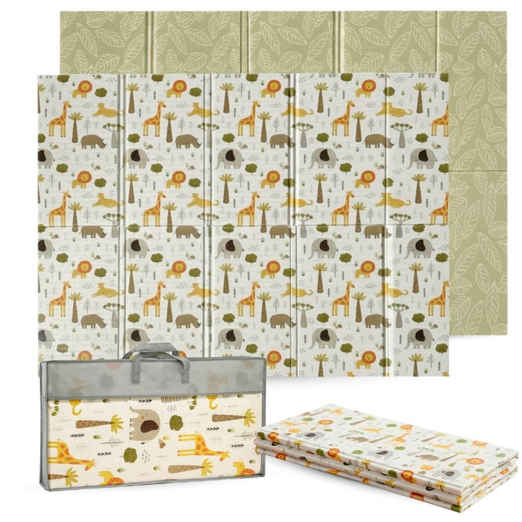 Bathby | Alfombra Plegable Para Bebé 200 × 150 Cm, Reversible Animales/hojas_0