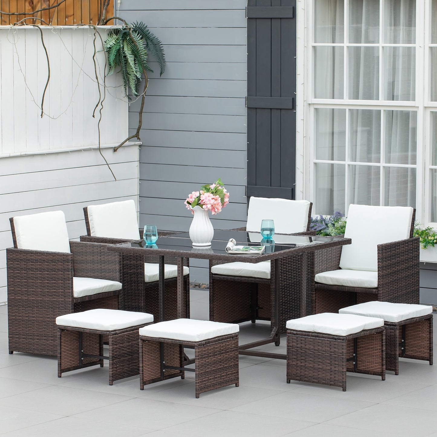 Outsunny Conjunto De Muebles Jardín Comedor 9 Piezas De Ratán Apilables Marrón_1