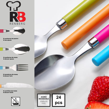 Pack Batería De Cocina 5 Piezas + Set De Cubertería 24pc En Acero Inoxidable Mangos Multicolor_4