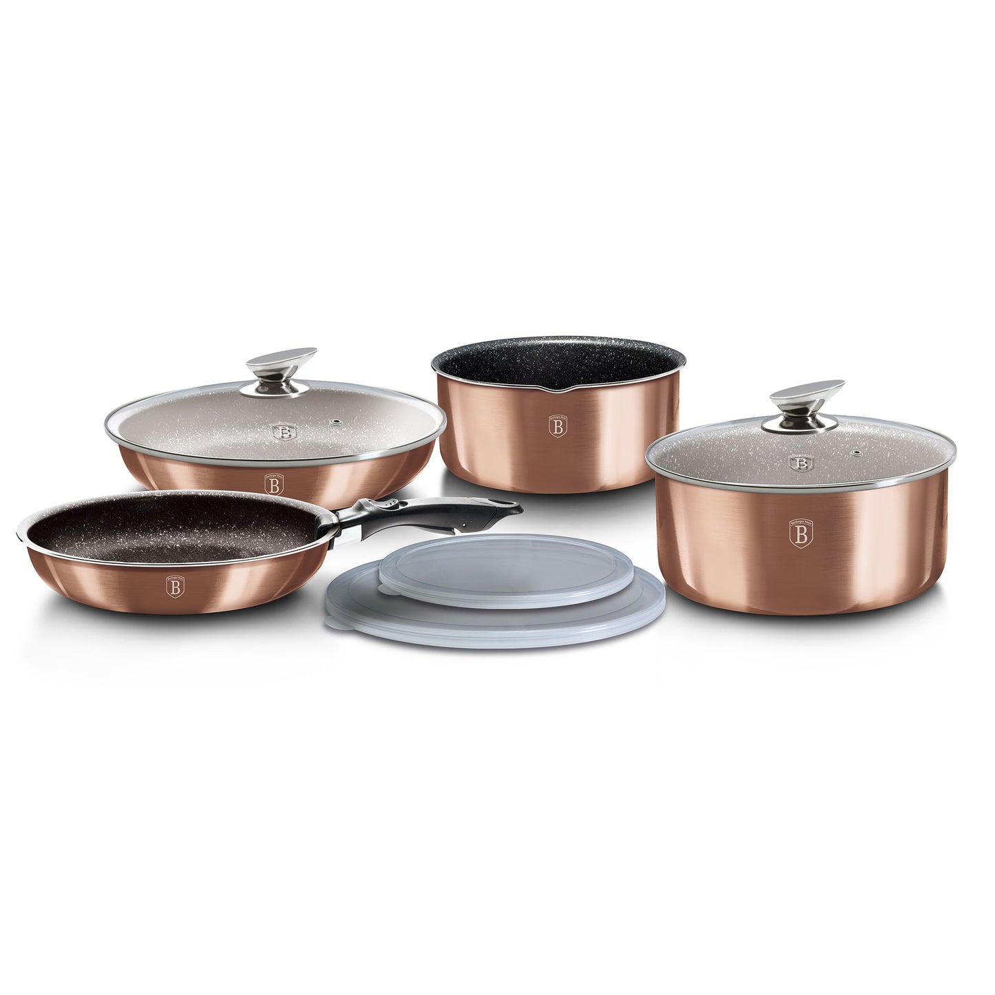 Batería De Cocina Aluminio Forjado 9 Piezas, Inducción, Asa Extraíble, Cazuelas Apilables Tapas Berlinger Haus Rose Gold Oro Rosado_4
