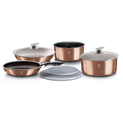 Batería De Cocina Aluminio Forjado 9 Piezas, Inducción, Asa Extraíble, Cazuelas Apilables Tapas Berlinger Haus Rose Gold Oro Rosado_4