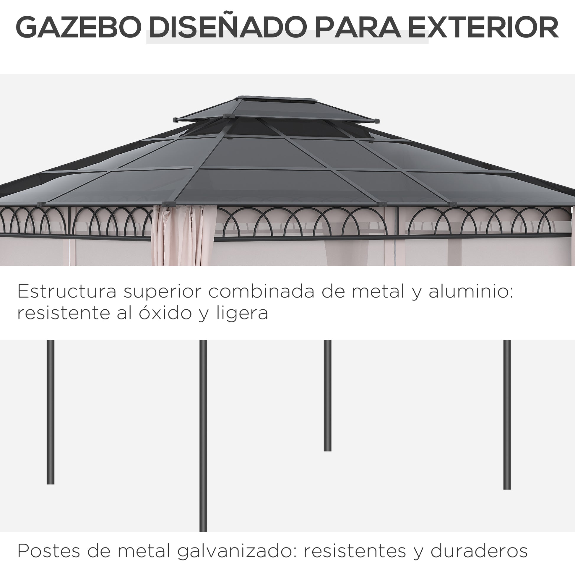 Outsunny Cenador Jardín 3,6x3 Mtecho Doble Policarbonato 4 Cortinas Mosquiteras_5