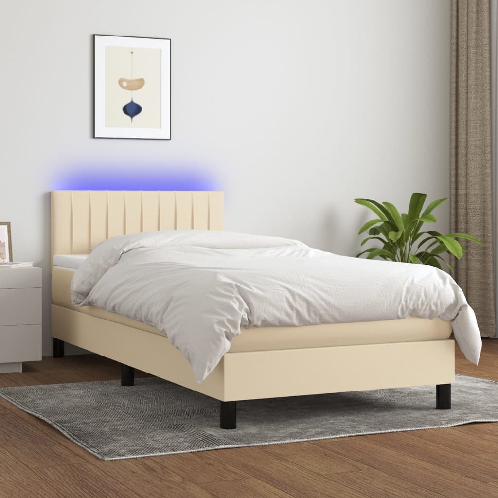 Cama Box Spring Colchón Y Luces Led Tela Color Crema 90x190 Cm / Vetonek_4