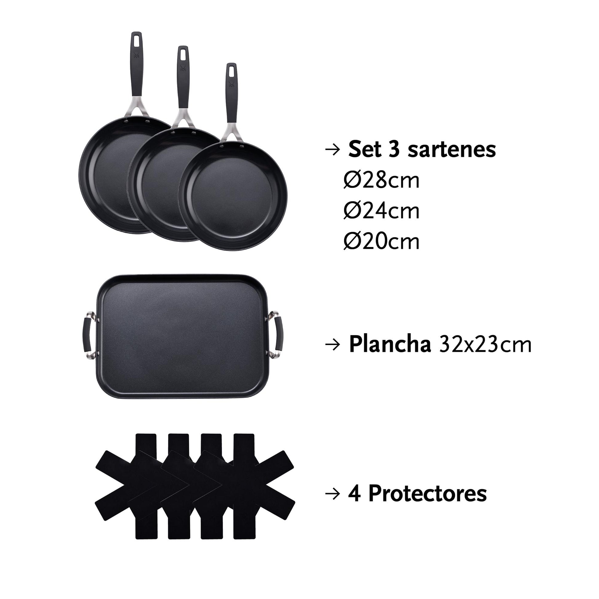 Juego De 3 Sartenes Ø20ø24ø28cm Y Plancha Grill 32x23cm + 4 Protectores En Aluminio Forjado Antiadherentes Masterpro_1