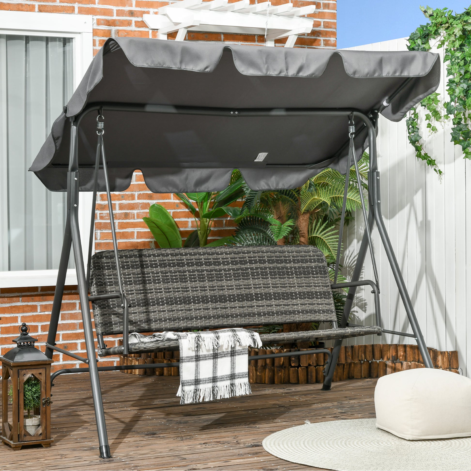 Outsunny Balancín De Jardín Exterior De 3 Plazas Con Asiento De Ratán Pe Gris_1