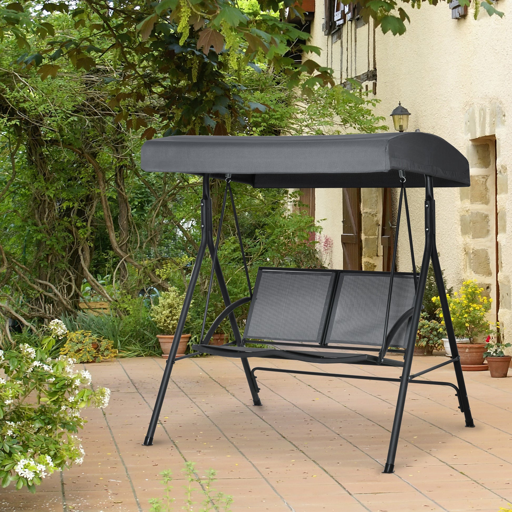 Outsunny Columpio Jardín 2 Plazas Techo Ajustable Asientos Textilene Gris Oscuro_1