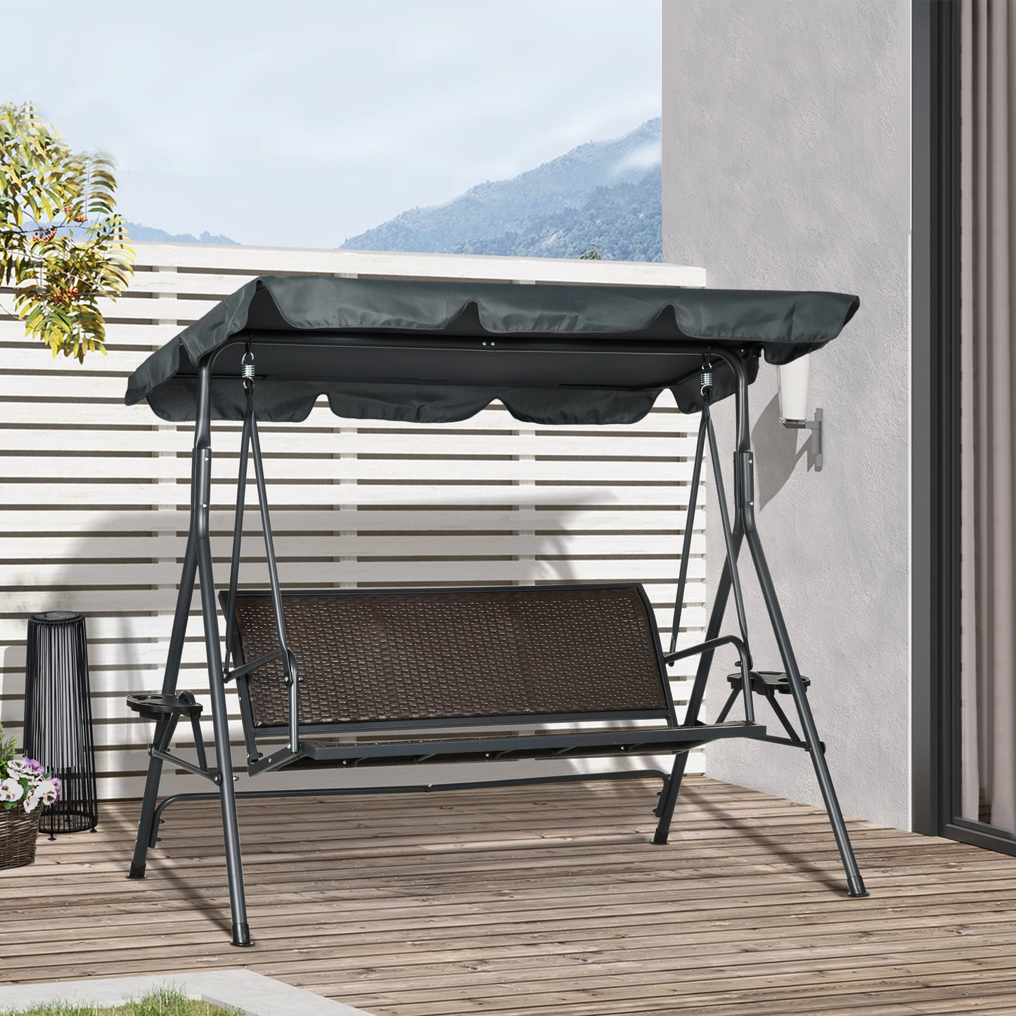 Outsunny Columpio De Jardín De 3 Plazas Con Toldo Ajustable 204x112x150 Cm Gris_1