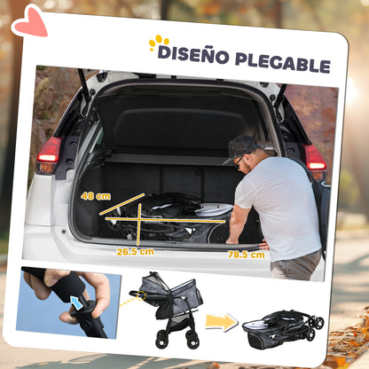 Pawhut Carrito Para Perros Plegable Con Cesta Capota Ajustable Y Ruedas Gris_4