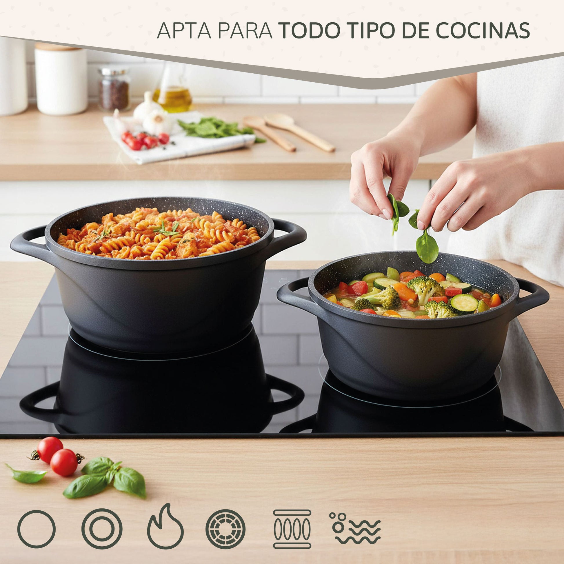 Briebe Batería De Cocina Inducción 8 Piezas Aluminio Fundido 4 Ollas Con Tapa De Cristal Antiadherente, Mgk12s, Negro_5