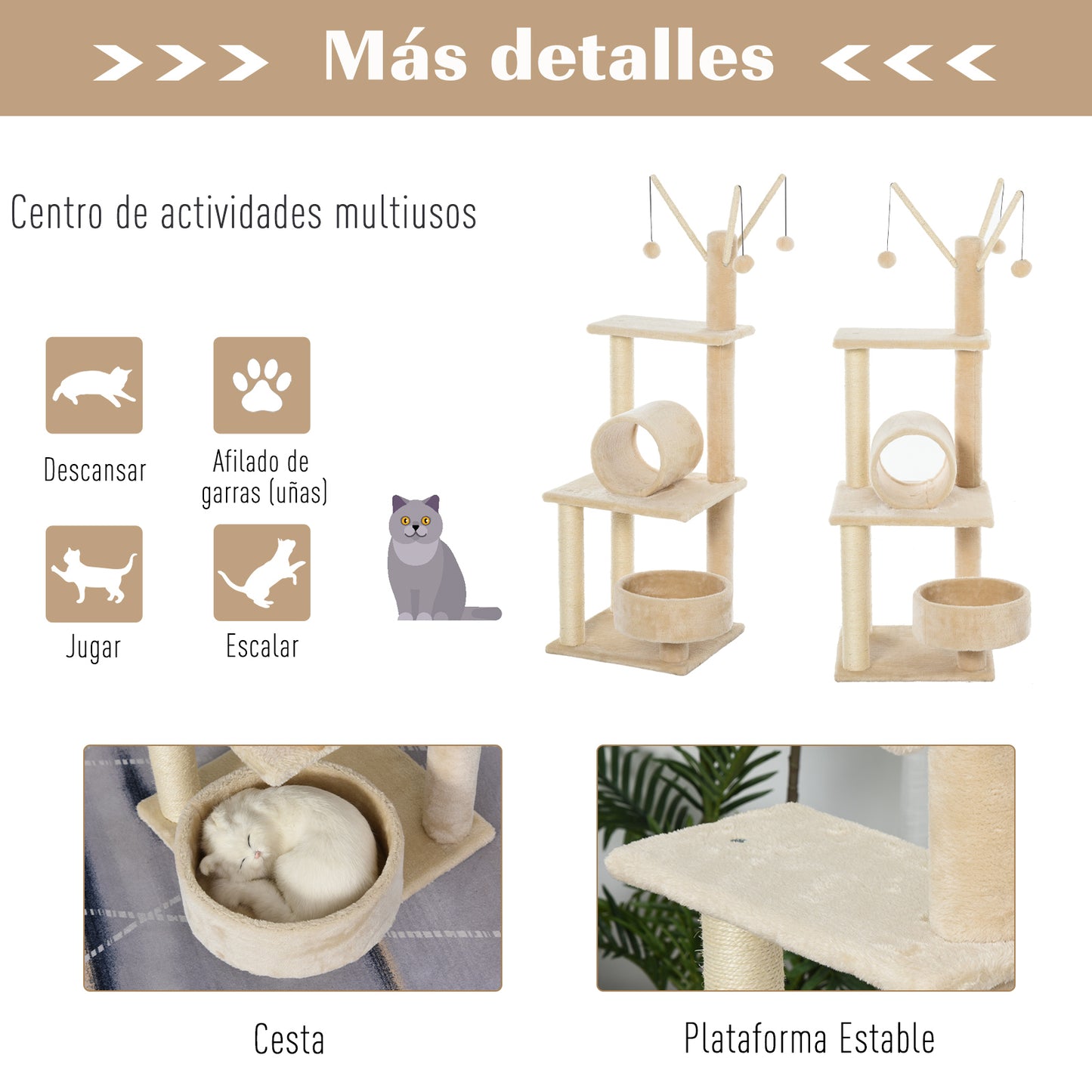 Pawhut Árbol De Gatos Con Cama Postes Rascadores Túnel Juguetes Colgantes_5