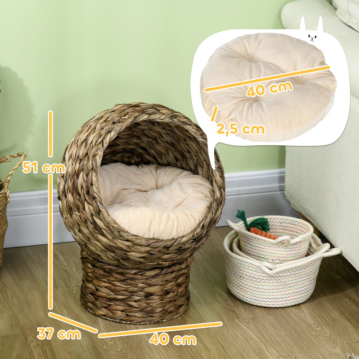 Pawhut Cama Para Gatos De Mimbre Con Cojín Extraíble 40x37x51 Cm Marrón Oscuro_2