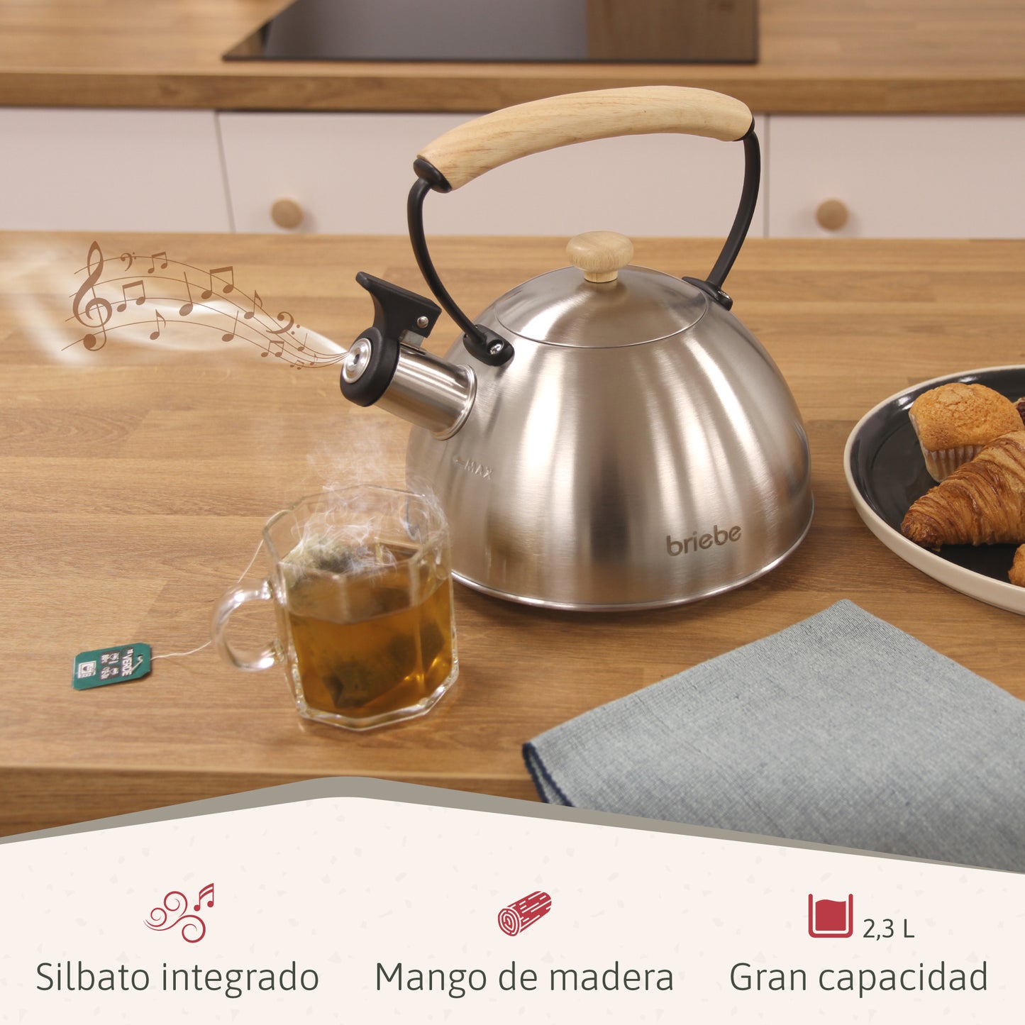 Briebe Tetera Con Silbato, Hervidor De Agua 2,3l, Inducción, Acero Inox, Vintage, Mango Madera, Wooden, Acero Inox_1
