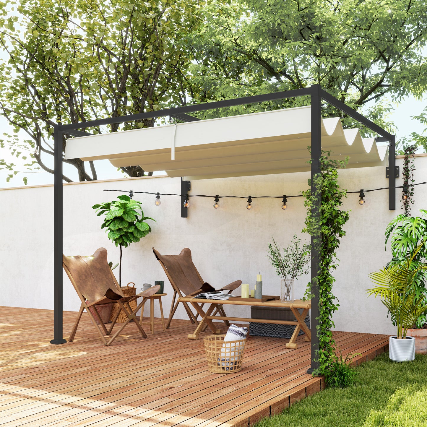 Outsunny Pérgola Con Techo Retráctil 3x2 M Con Tela De Poliéster Crema_1