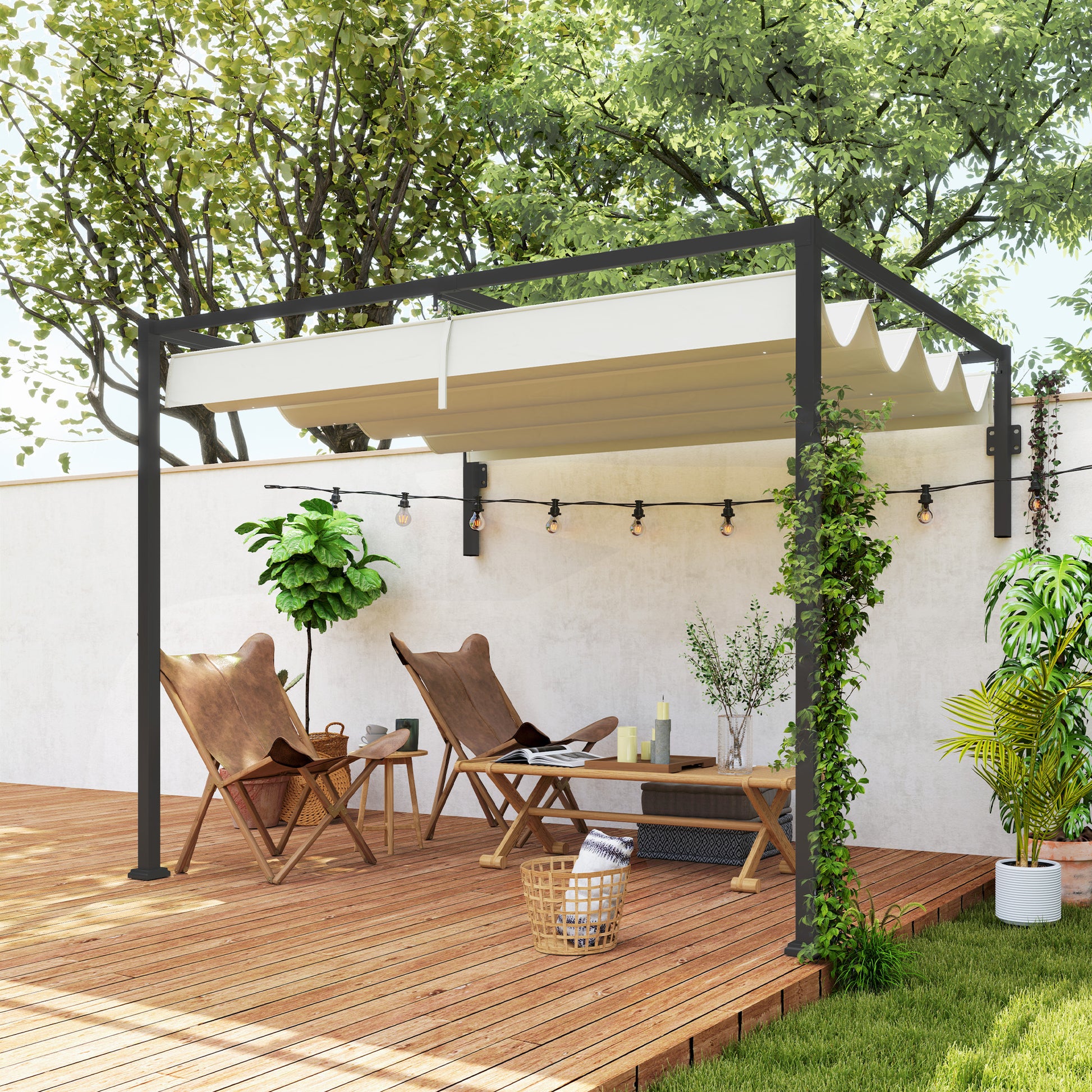 Outsunny Pérgola Con Techo Retráctil 3x2 M Con Tela De Poliéster Crema_1