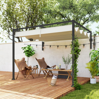 Outsunny Pérgola Con Techo Retráctil 3x2 M Con Tela De Poliéster Crema_1