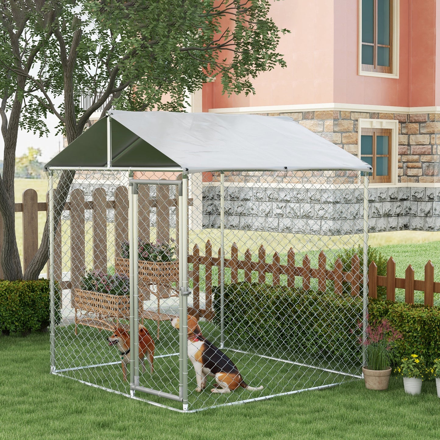 Pawhut Perrera De Acero Con Toldo Impermeable Y Anti-uv 200x200x237 Cm Plata_1