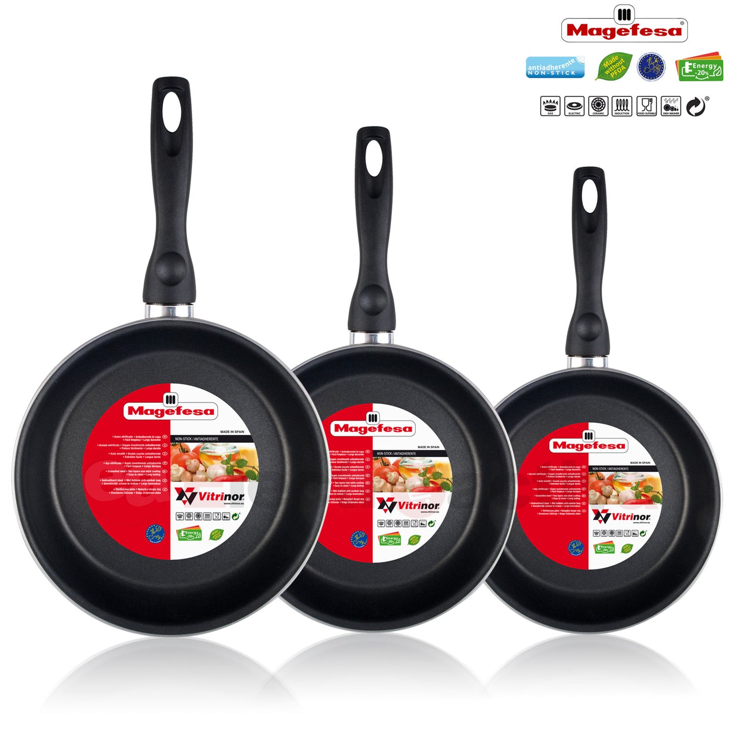 Bateria De Cocina 5 Piezas + Set Juego 3 Sartenes 18-20-24cm, Acero Vitrificado 820ºc, Libre Pfoa Magefesa Grana, Rojo