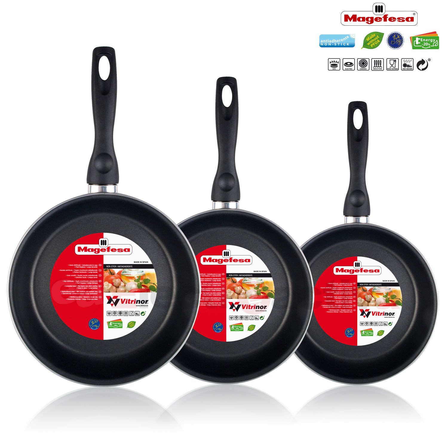 Bateria De Cocina 5 Piezas + Set Juego 3 Sartenes 18-20-24cm, Acero Vitrificado 820ºc, Libre Pfoa Magefesa Grana, Rojo