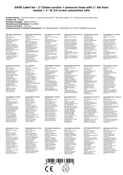 1/25mm Manguera De Succión Y Presión Con Boquilla De Manguera De 1 Ag + Conexión De 1 Ig 2/3 15m