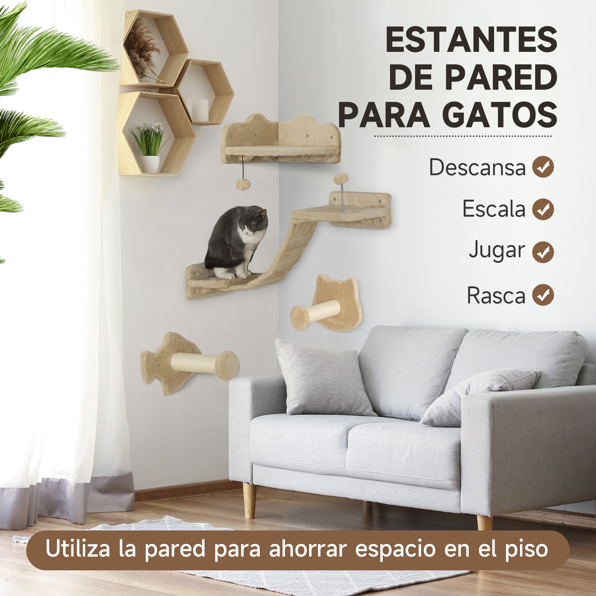 Pawhut Juego De Estanterías Para Gatos De 4 Piezas De Pared Beige_3