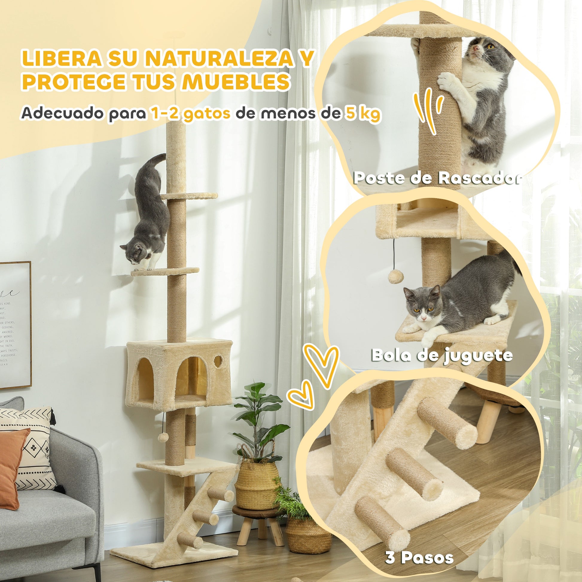 Pawhut Árbol Para Gatos De Suelo A Techo De 225-255 Cm Con Escalera Beige_5