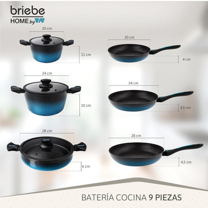 Briebe Batería Cocina Inducción Acero Forjado 9 Piezas Antiadherente Sin Pfoa, Fabricada En España, Mare, Azul_5